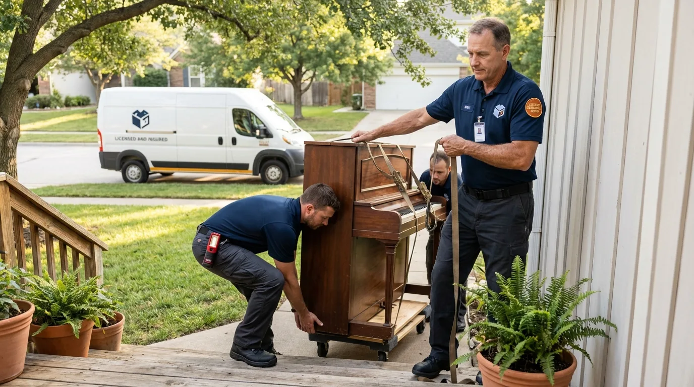 Licensed piano movers securing grand piano in Hartwell, GA