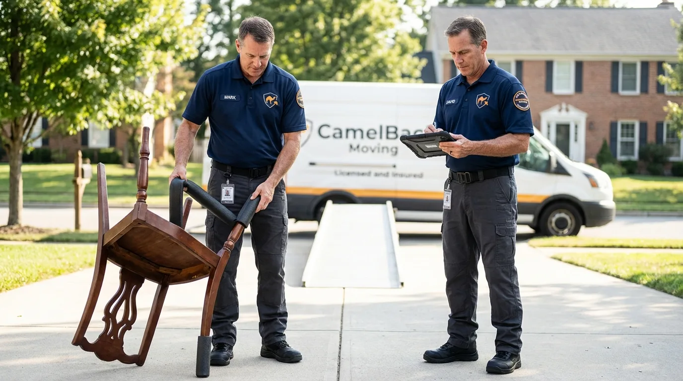 Movers inspecting furniture for damage prevention before loading in Hartwell, GA