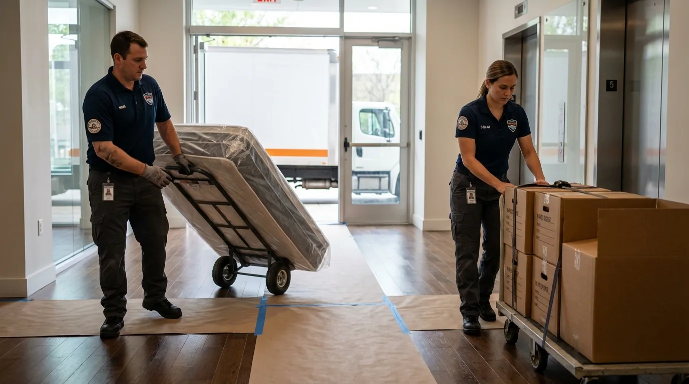 Professional apartment movers loading elevator in Hartwell, GA
